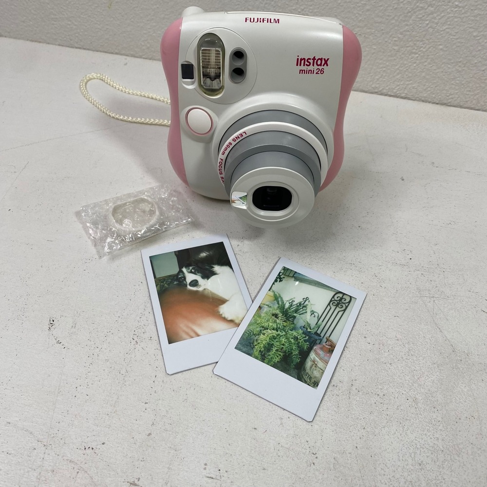 Fujifilm Instax Mini 26 Polaroid Camera Pink White with Lens Attachment Tested
